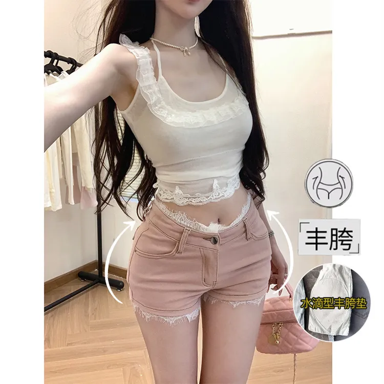 V腰蕾丝花边丰胯牛仔短裤女2025秋季新款纯欲少女低腰显瘦热裤子