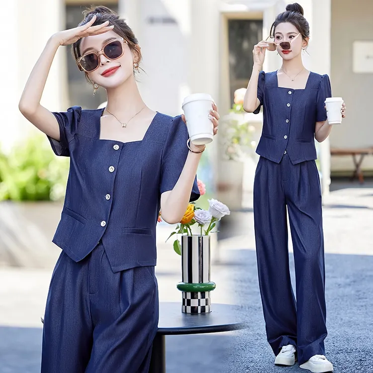 夏季新款女时尚气质显瘦仿天丝牛仔短袖上衣阔腿裤长裤两件套装薄