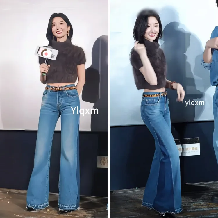 毛晓彤同款棕色毛茸茸短袖针织衫毛衣蓝色复古拼接微喇牛仔裤长裤