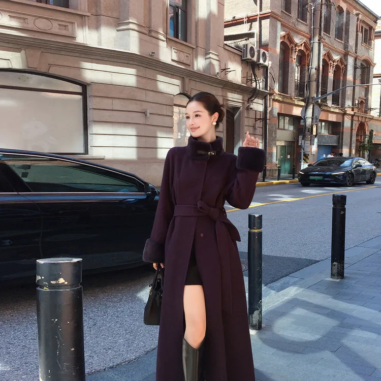 高端水貂毛领双面羊绒大衣女2025冬季新款轻奢千金气质毛呢子外套