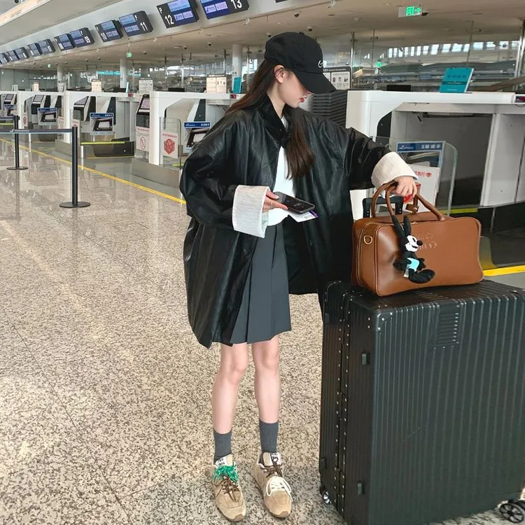 黑色复古皮衣外套女2025年春秋新款韩版老钱风宽松休闲中长款夹克
