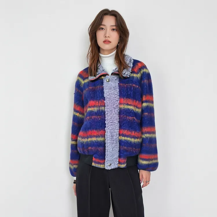 璧嘉Beautyberry品牌蓝色彩条格复古宽松秋冬绵羊毛夹克棉外套