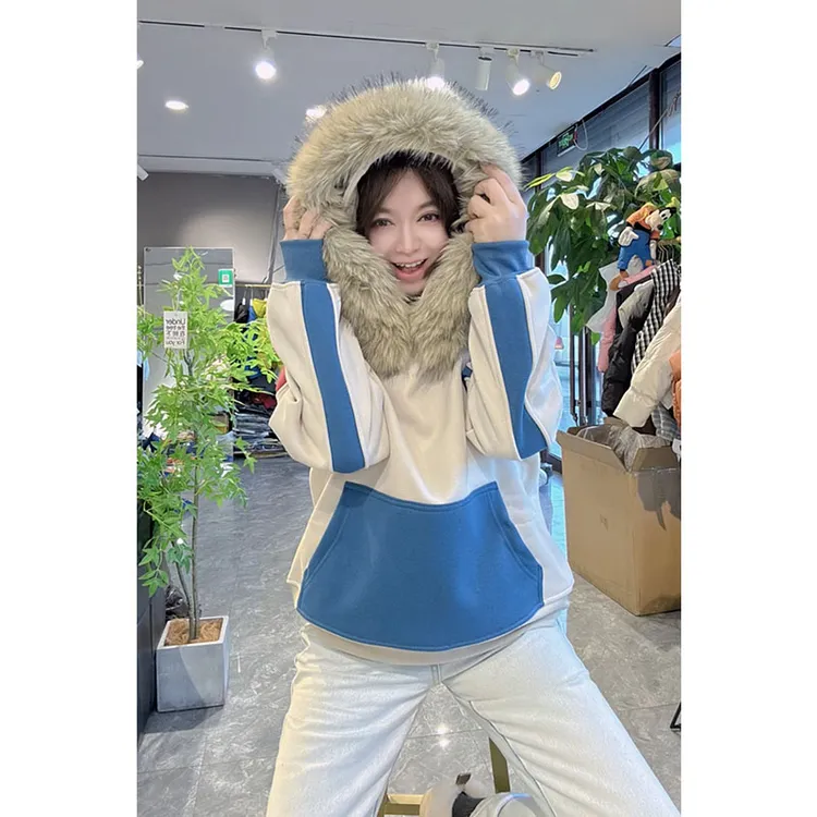 欧洲站2025冬季新款轻职风连帽套头拼接女宽松型卫衣韩版时尚质感