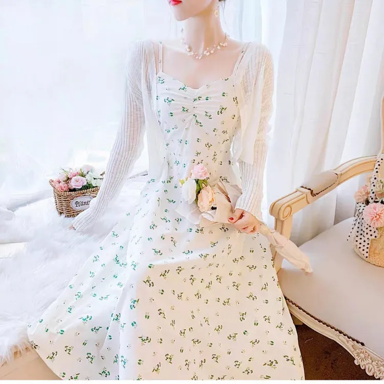 【相约达汇】夏季初恋连衣裙套装2025新款法式碎花吊带防晒开衫超仙