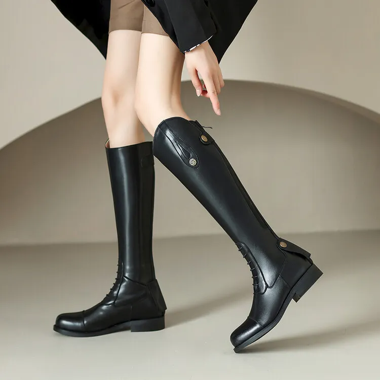 西瑞女鞋冬季新款气质时尚百搭时装靴休闲风铆钉拼接高筒骑士靴