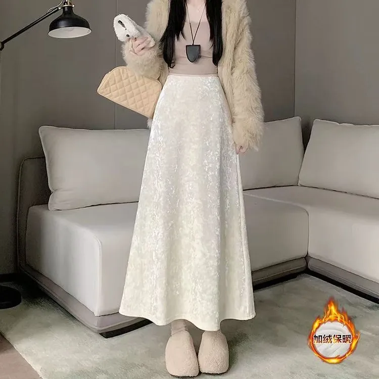 2个长度高货爆款高级感气质金丝绒加厚加绒中长款半身裙