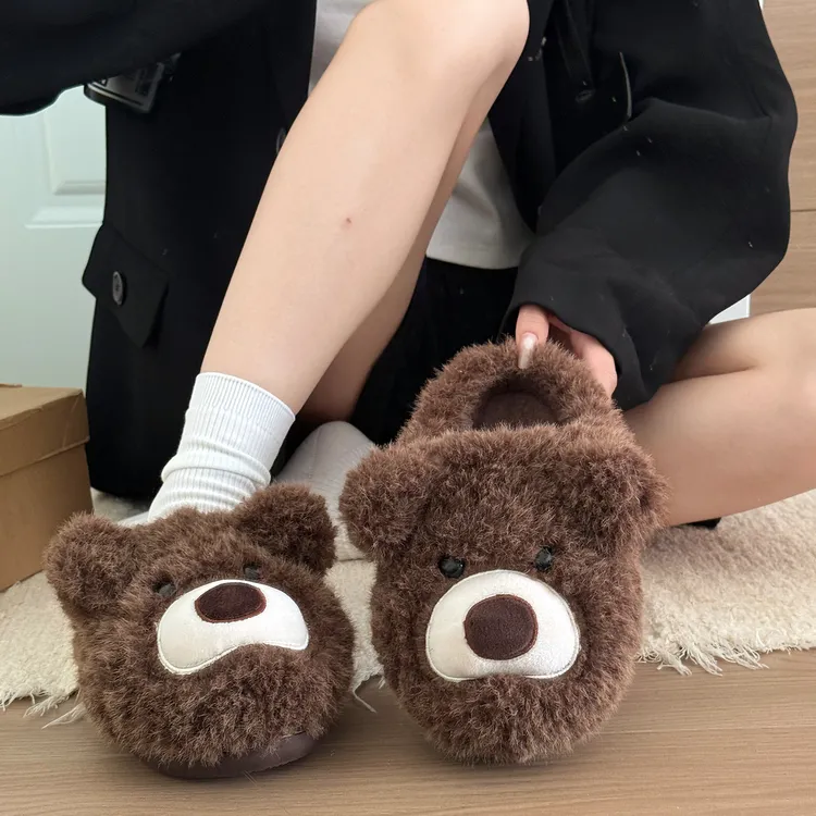呆萌小熊舒适毛茸茸居家防滑棉拖2025秋冬新款外穿厚底包头拖鞋女