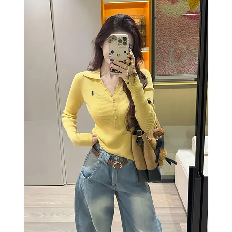 2025秋季新款翻领软糯毛衣针织衫女修身显瘦刺绣短款气质减龄上衣