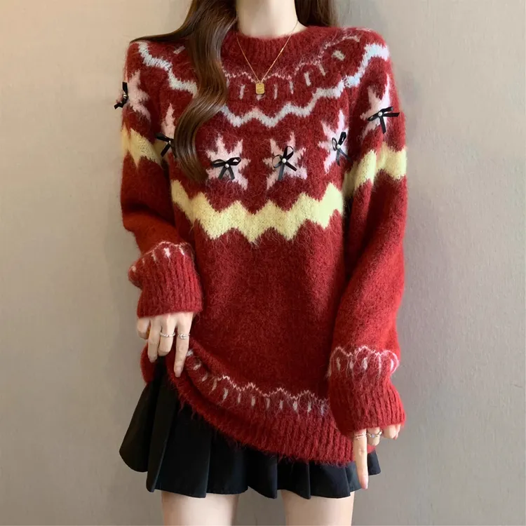 慵懒风宽松提花蝴蝶结红色毛衣女秋冬大码胖MM显瘦针织打底衫上衣