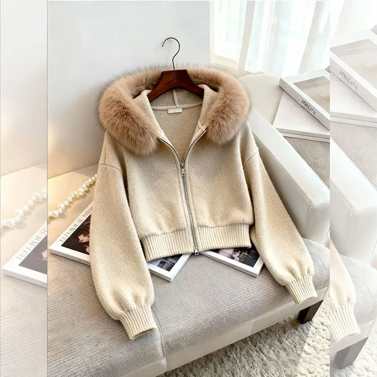 冬季新款设计感毛领短外套女百搭连帽开衫拉链上衣气质轻熟风女装