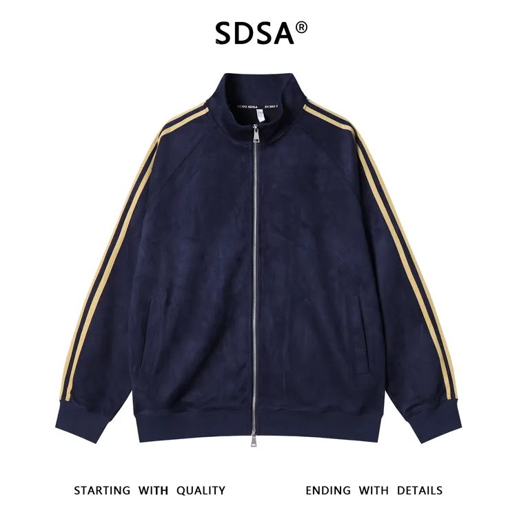 SDSA男士秋冬新款痞帅男装美式潮牌绒面撞色织带拉链立领卫衣外套
