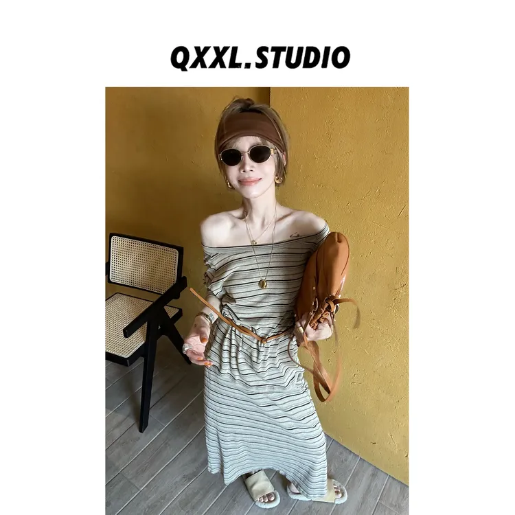邱小小丽呀 早秋轻熟风百搭条纹套装女长袖T恤+直筒半身裙两件套