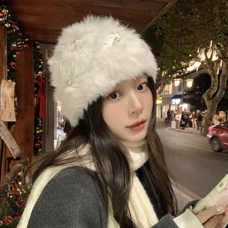 兔毛手工加厚帽子女秋冬季显脸小毛茸茸毛绒帽保暖珍珠皮草渔夫帽