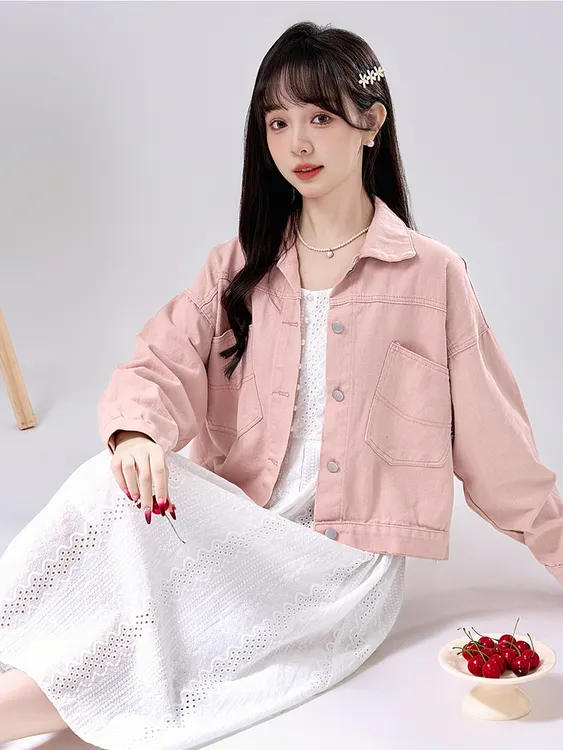 2025翻领洋气百搭短外套女宽松春秋女装春季紫色慵懒风牛仔外套