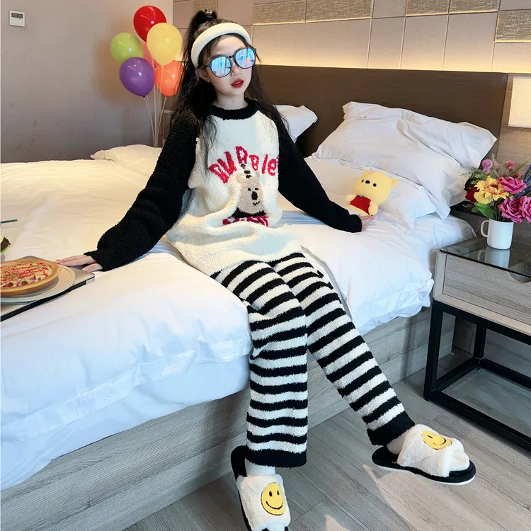 女童睡衣秋冬2025新款儿童半边绒家居服大童女孩冬季加厚保暖套装