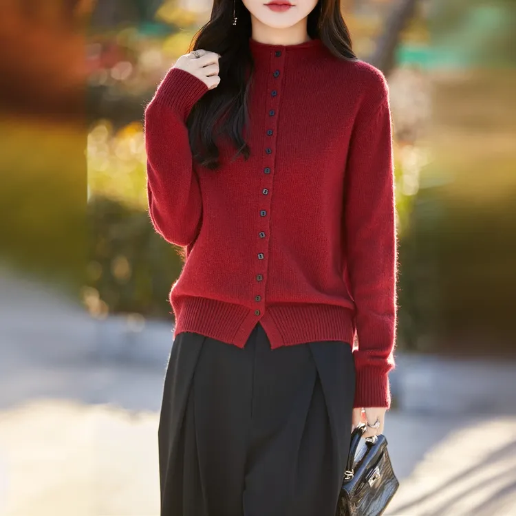 时尚品牌三股花纱加厚卷边针织开衫女纯色宽松外搭上衣