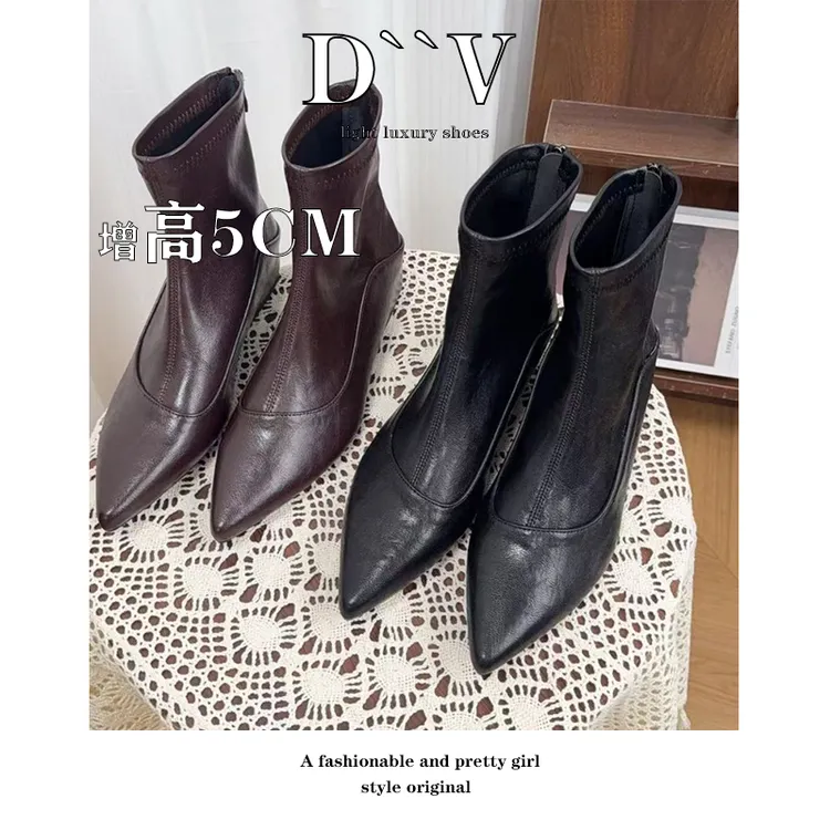 内增高5cm~新款尖头西部靴女切尔西法式复古瘦瘦靴粗跟短靴子