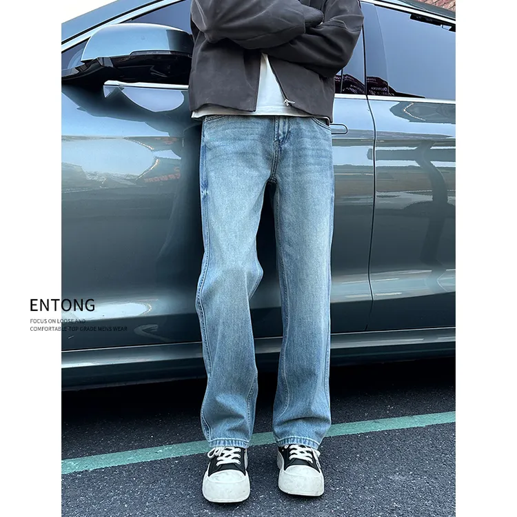 Entong美式复古浅色做旧牛仔裤男士春季新款宽松直筒休闲百搭裤子