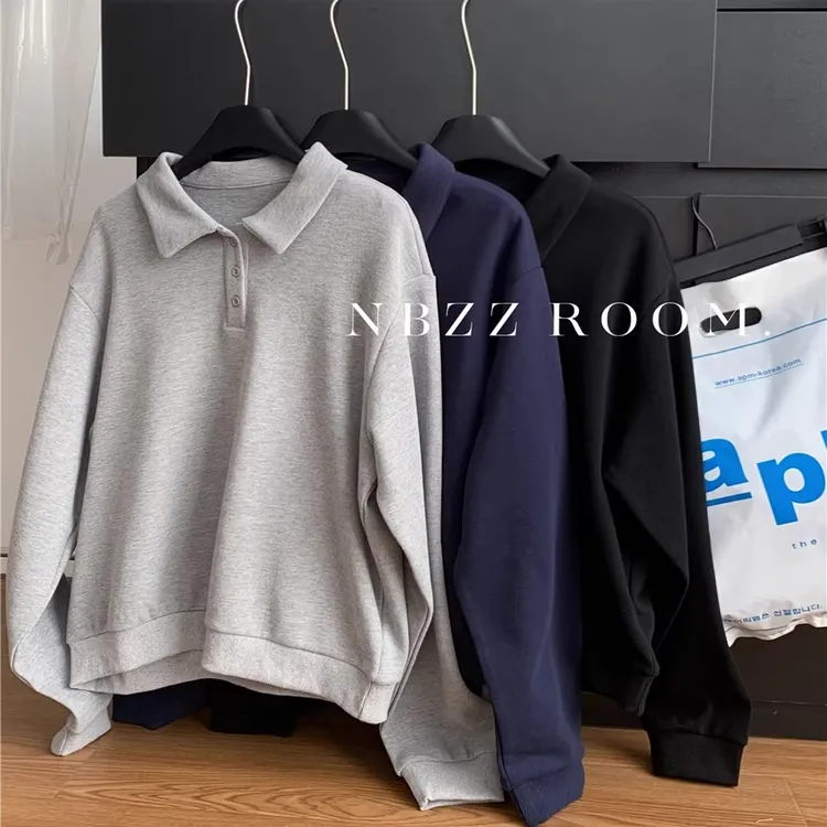 慵懒宽松polo领半系扣休闲上衣秋冬新款厚实棉感简约卫衣