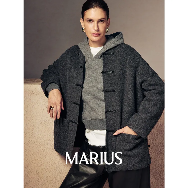 MARIUS"远山黛"羊毛针织双面呢新中式优雅正肩圆领盘扣大衣