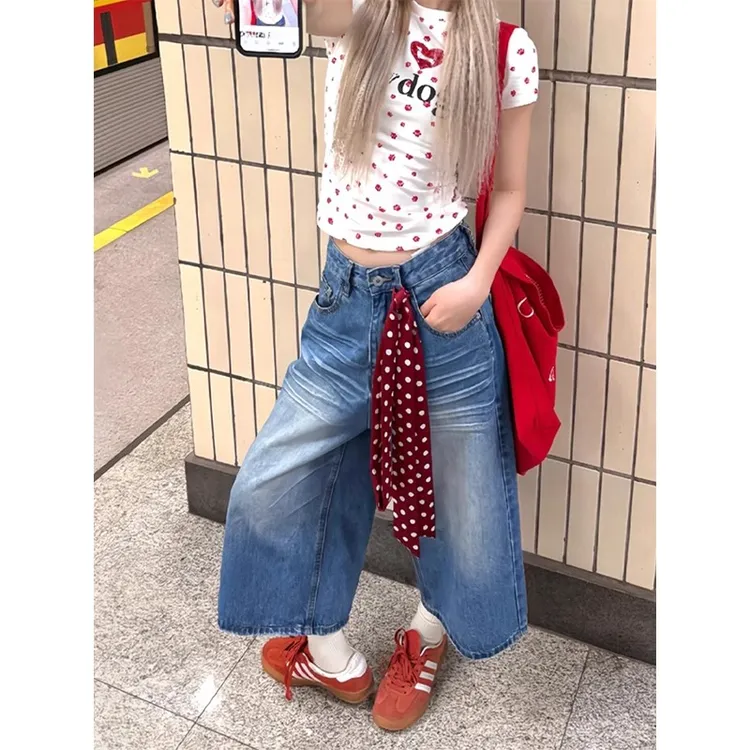 美式复古七分牛仔短裤女夏季新款高腰宽松阔腿显瘦休闲直筒中裤子