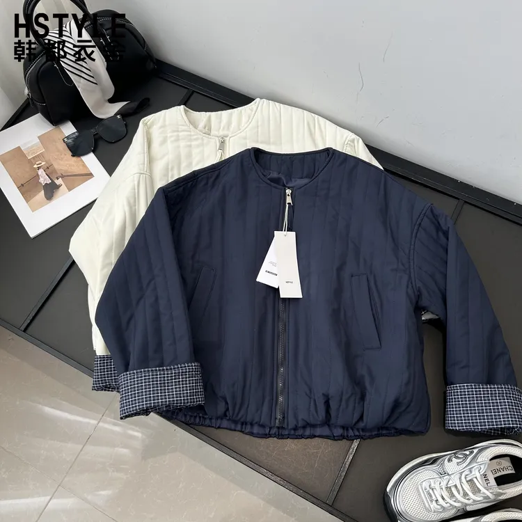 圆领竖纹短款棉服女休闲复古时尚宽松短款外套棉服冬新款