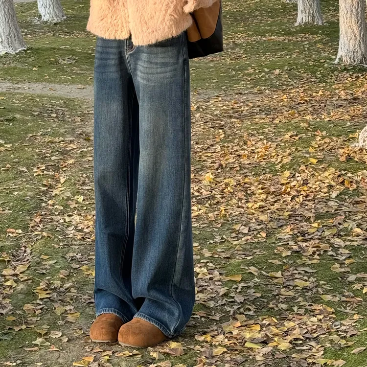 宿慕SUMU简约百搭加绒加厚阔腿牛仔裤11-27冬季牛仔长裤33073
