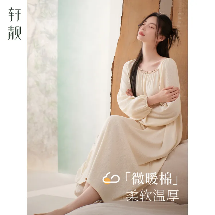 【纯棉】高级感睡裙女春秋季长袖2025新款睡衣简约休闲大码连衣裙