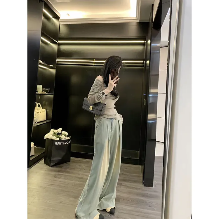 秋季韩系设计感慵懒风修身显瘦露肩上衣休闲百搭宽松阔腿长裤套装