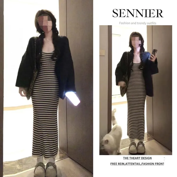 时尚穿搭女2025秋季新款慵懒百搭针织开衫外套条纹连衣裙两件套装