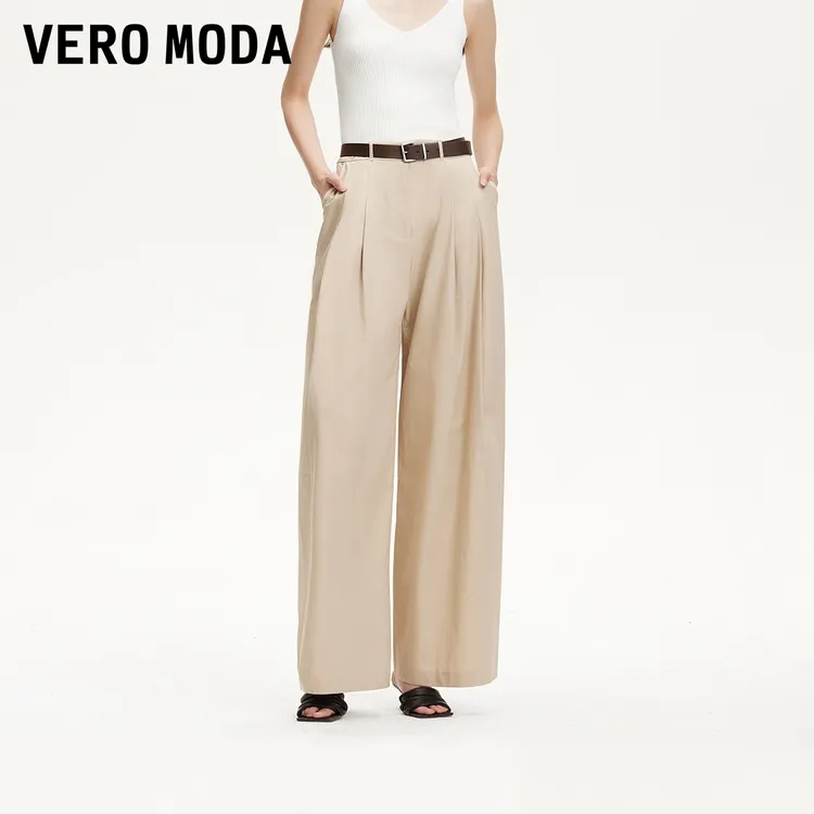 Vero Moda休闲裤2025新款纯棉腰带捏褶设计中腰纯欲长裤小众洋气
