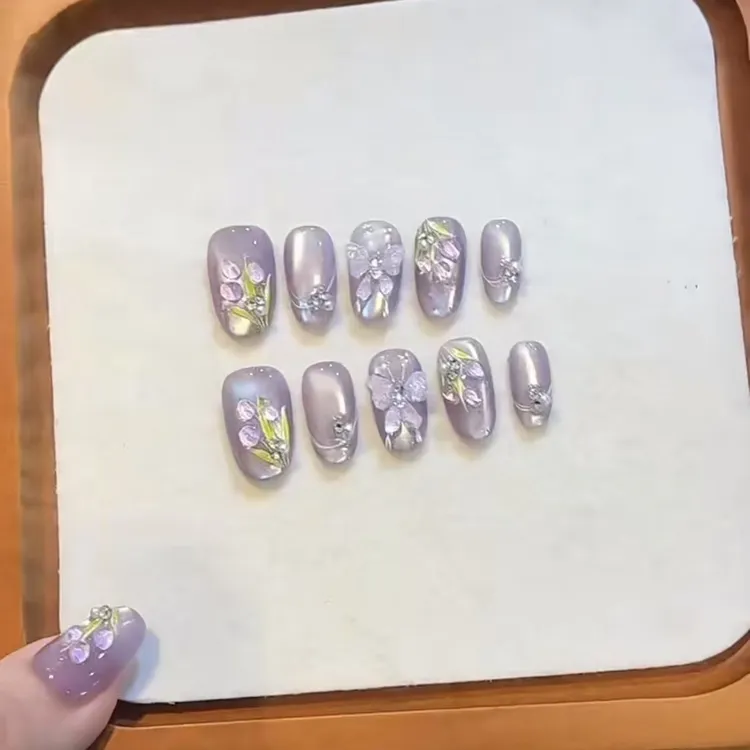 爆款新款紫色春天手工美甲紫色郁高质量穿戴甲片推荐新款穿戴甲