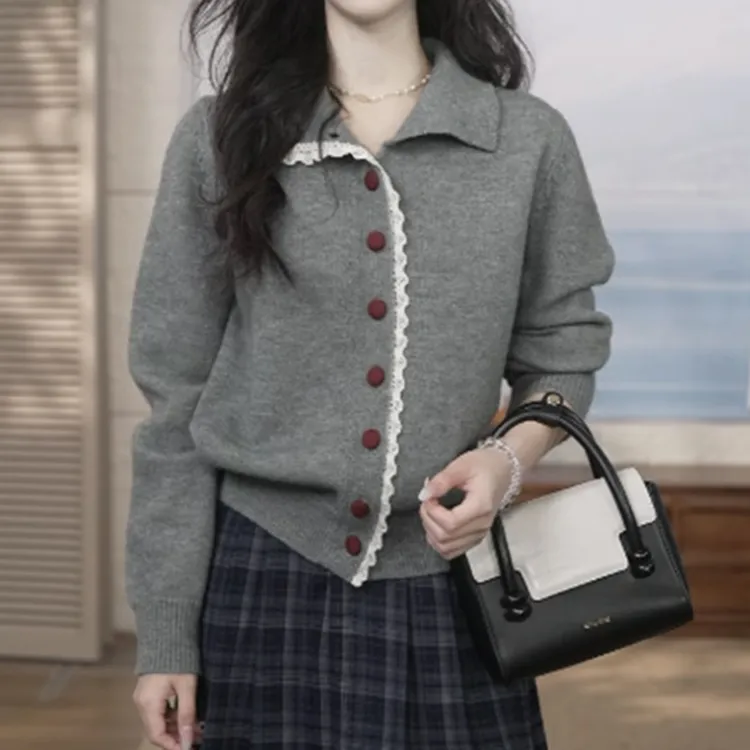 2025秋冬复古蕾丝拼接针织开衫纯色百搭毛衣外套