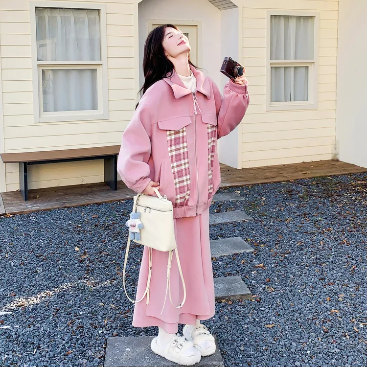 韩系套装女2025秋冬新款chic超好看的格子拼接夹棉毛呢外套阔腿裤