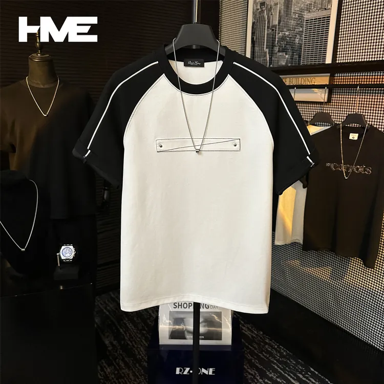 【HMEYAO】夏季撞色明线贴布装饰金属铆钉设计冰感棉圆领短袖T恤男