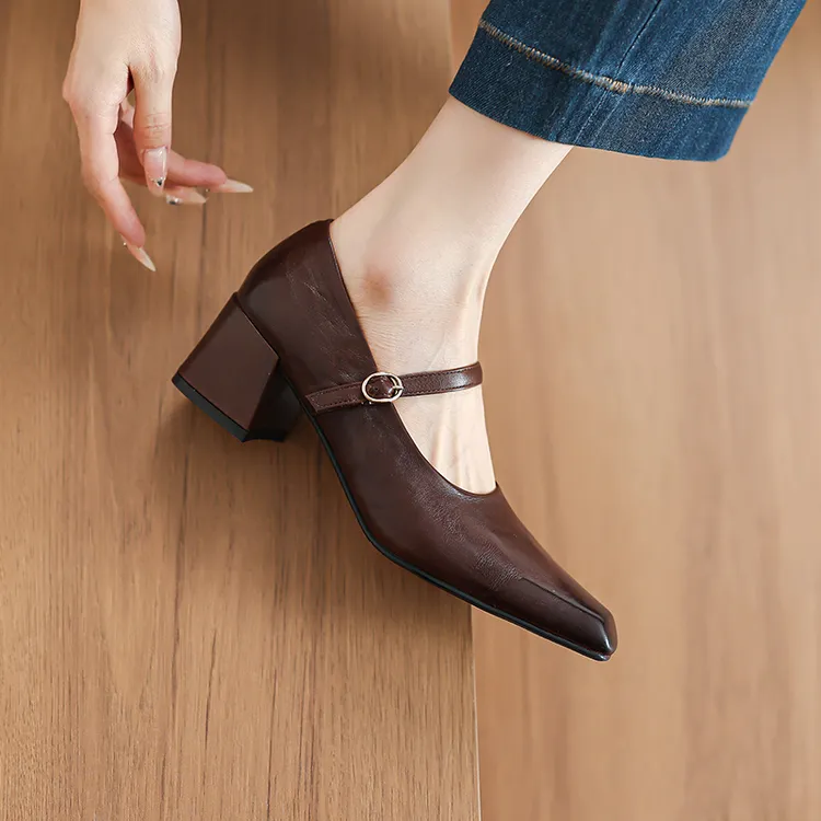 复古小方头粗跟玛丽珍鞋女2025新款法式真皮一字扣带软皮高跟单鞋