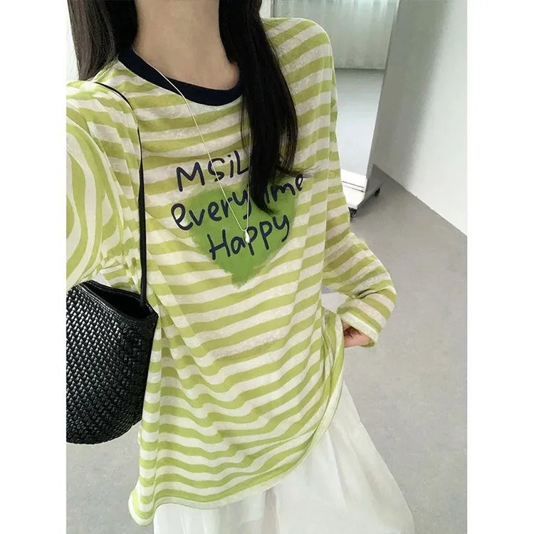 撞色chic圆领休闲印花长袖T恤女秋季2025新款慵懒风减龄条纹上衣