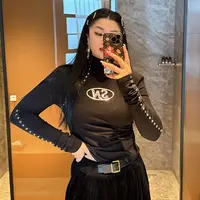 「鞠环环150斤显瘦穿搭推荐」柳丁插肩织带长袖正肩修身收腰女T恤