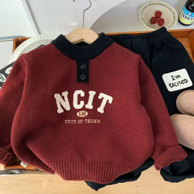 男童红色新年毛衣加厚韩版2026秋冬季新款儿童针织衫刺绣上衣