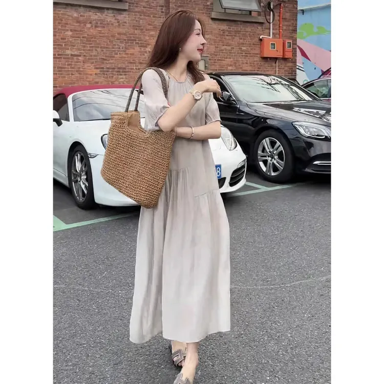 慵懒风宽松垂感短袖连衣裙女2025夏季大码胖mm简约百搭气质裙子潮