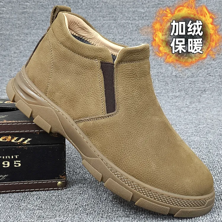 EAEOVNI高帮皮鞋男加绒保暖中帮棉鞋软皮软底爸爸鞋大头宽脚短靴