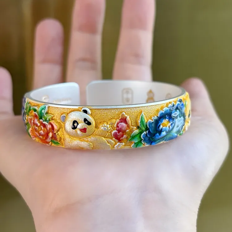 足银银制品 足银珐琅彩手镯999.9纯银描金熊猫牡丹银手镯国潮实心