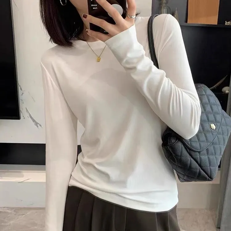 1196-早秋韩版显瘦百搭圆领修身内搭纯色打底衫女装白色长袖T恤