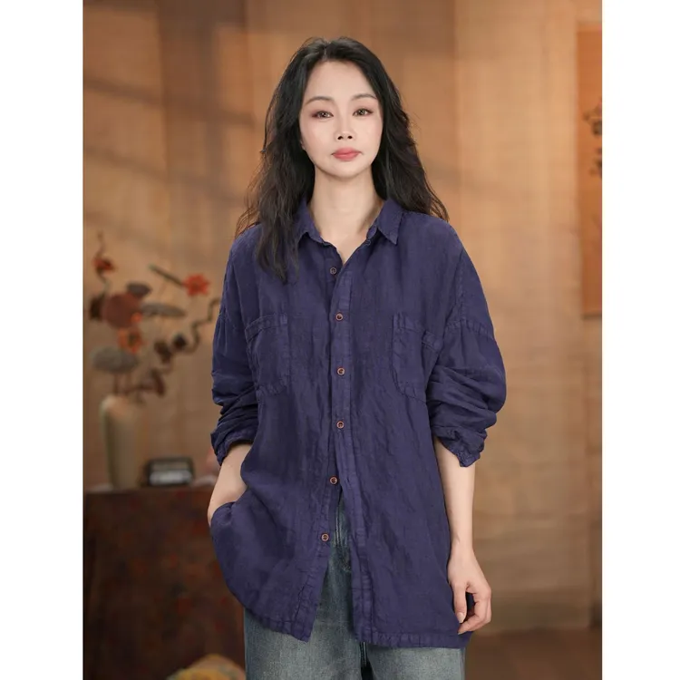 MDE【双层亚麻衬衫】双口袋原宿风文艺长袖小方领上衣-5371