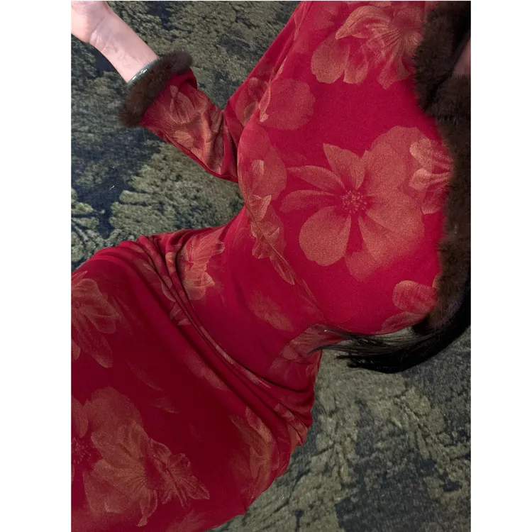 秋辞香~金丝红花 复古红色烫金长袖秋冬款气质旗袍连衣裙