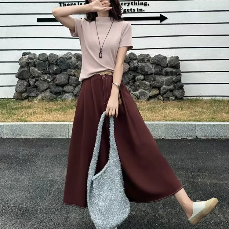 9901衣48裙80早秋弹力显瘦短袖上衣搭配百褶半身裙时尚两件套