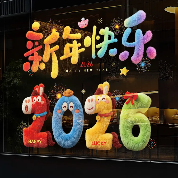 毛绒立体感玻璃贴2026新年快乐玻璃贴马年春节装饰用品过年静电贴