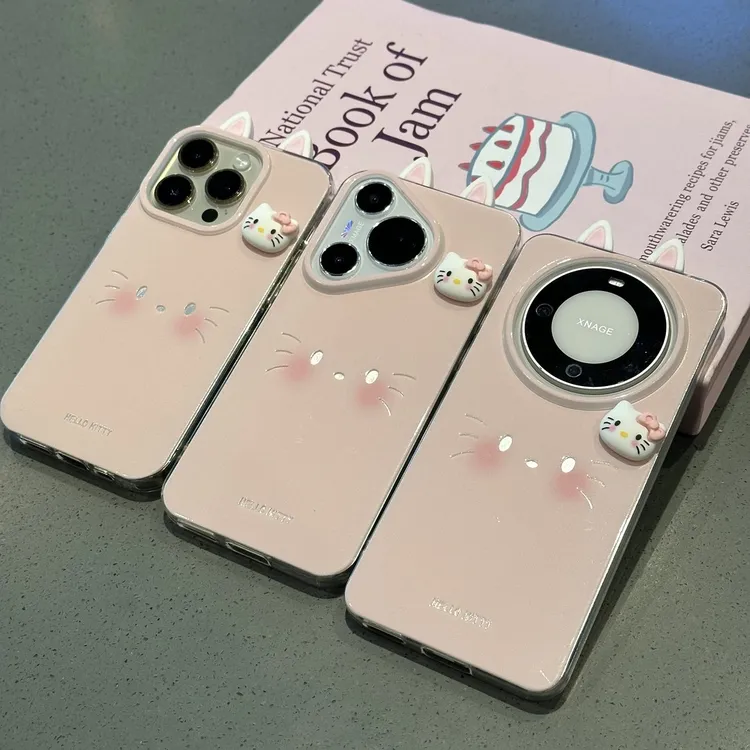 适用粉Kitty表情耳朵苹果16promax羽纱手机壳vivo华为oppo小米15