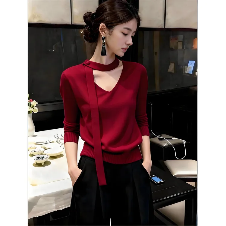 高级感轻奢红色V领长袖针织衫女春秋新款新年氛围感飘带设计毛衣