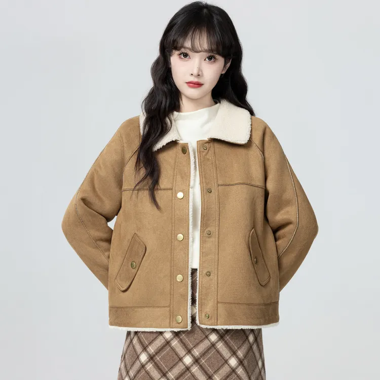 棕色羊羔毛翻领外套女秋冬2025秋季新款皮毛一体撞色休闲宽松上衣